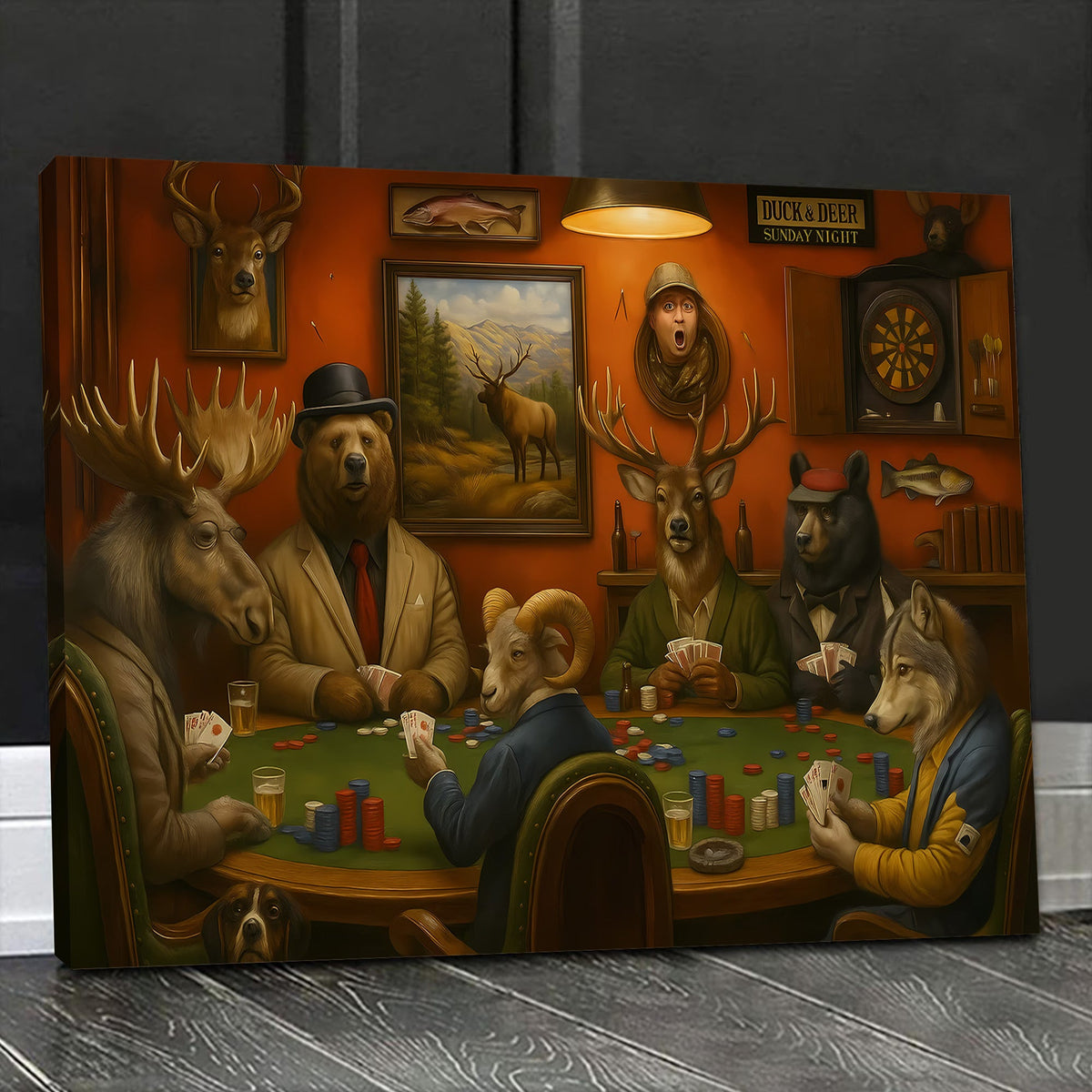 Animals Playing Poker Canvas Wall Art, Woodland Lodge Game Room Decor