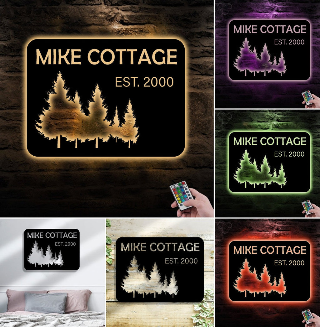 Personalized Forest Metal Sign WITH LED/WITHOUT LED - Rustic Cabin Name Sign With Pine Trees