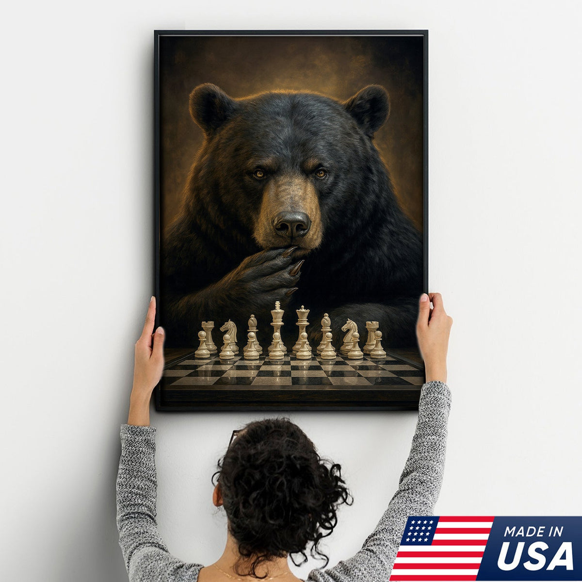 Chess Master Bear Wall Art Canvas – Strategic Bear Canvas Print for Man Cave & Smart Decor