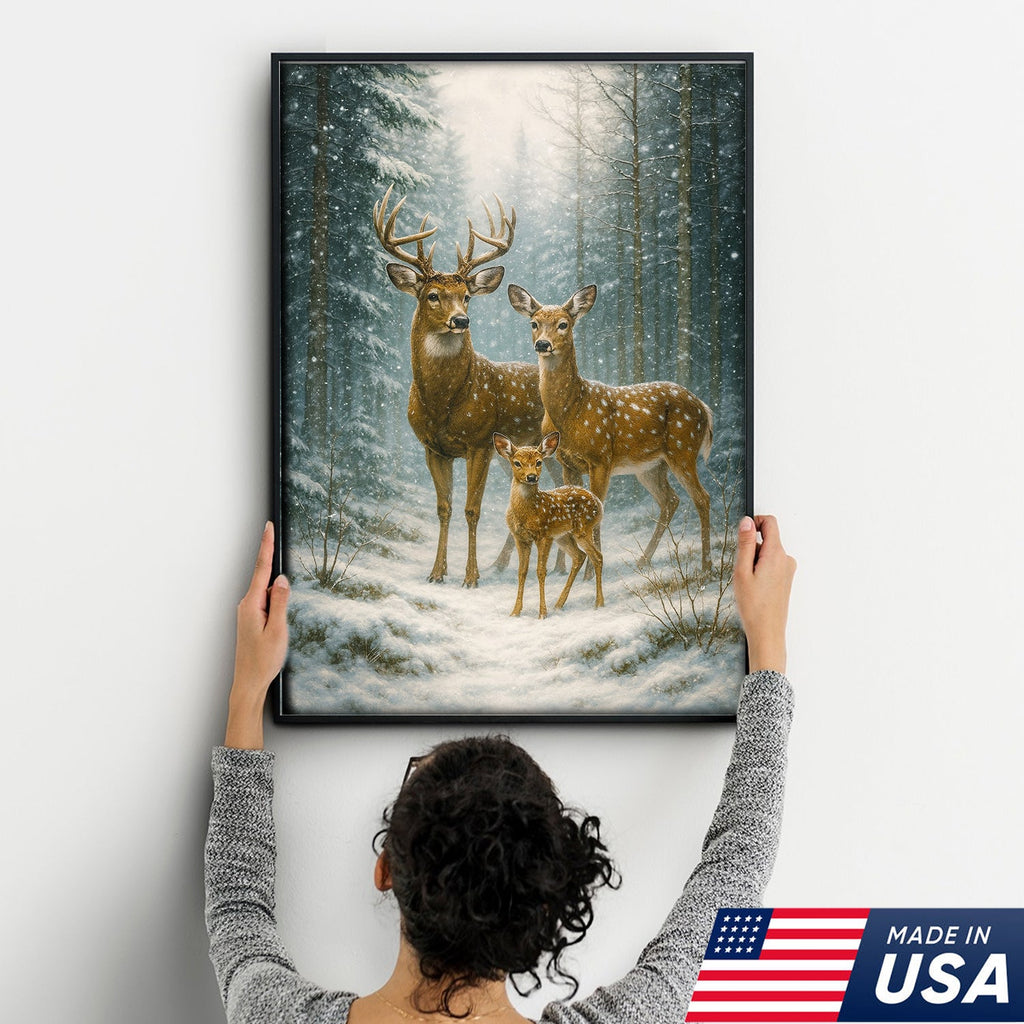Deer Family Winter Forest Wall Art Canvas – Christmas Wildlife Gift for Nature Lovers & Cabin Homes