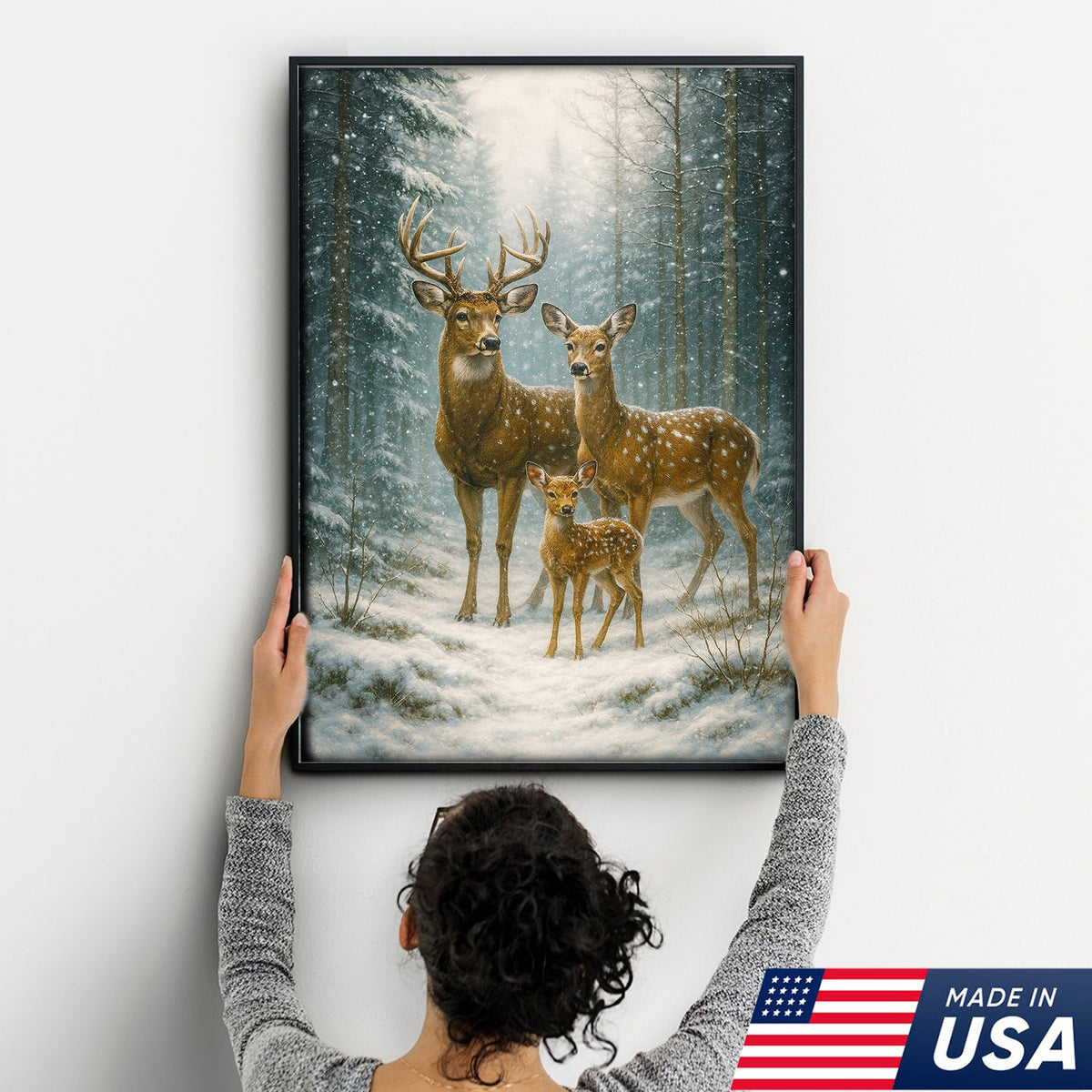 Deer Family Winter Forest Wall Art Canvas – Christmas Wildlife Gift for Nature Lovers & Cabin Homes