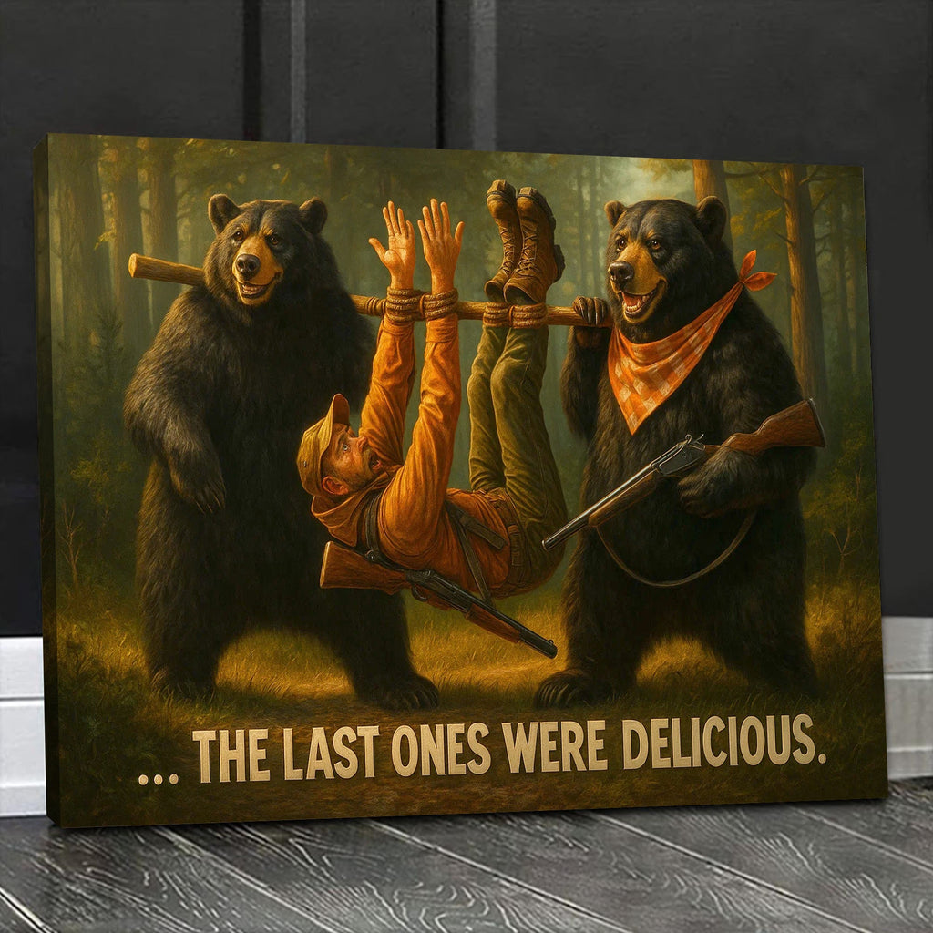 Funny Bear Hunting Canvas Wall Art - Hilarious Wilderness Scene with Hunter - Rustic Cabin and Lodge Decor