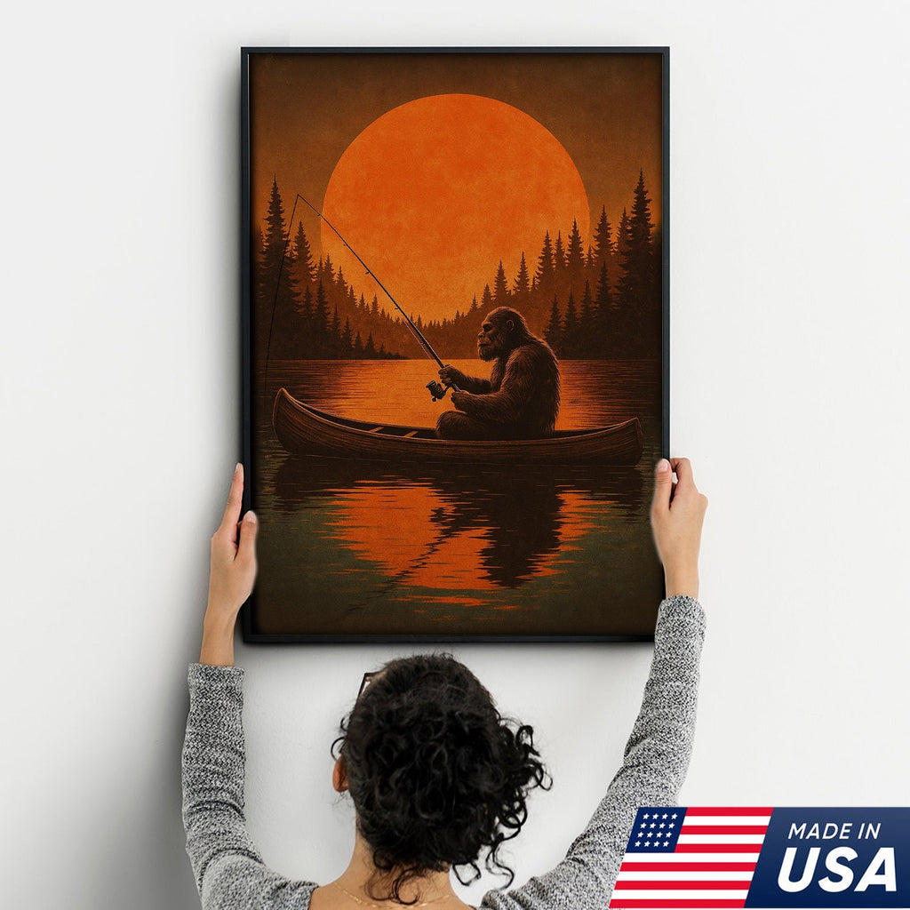Funny Bigfoot Fishing Wall Art – Sasquatch Canoe Sunset Canvas for Anglers, Hunters
