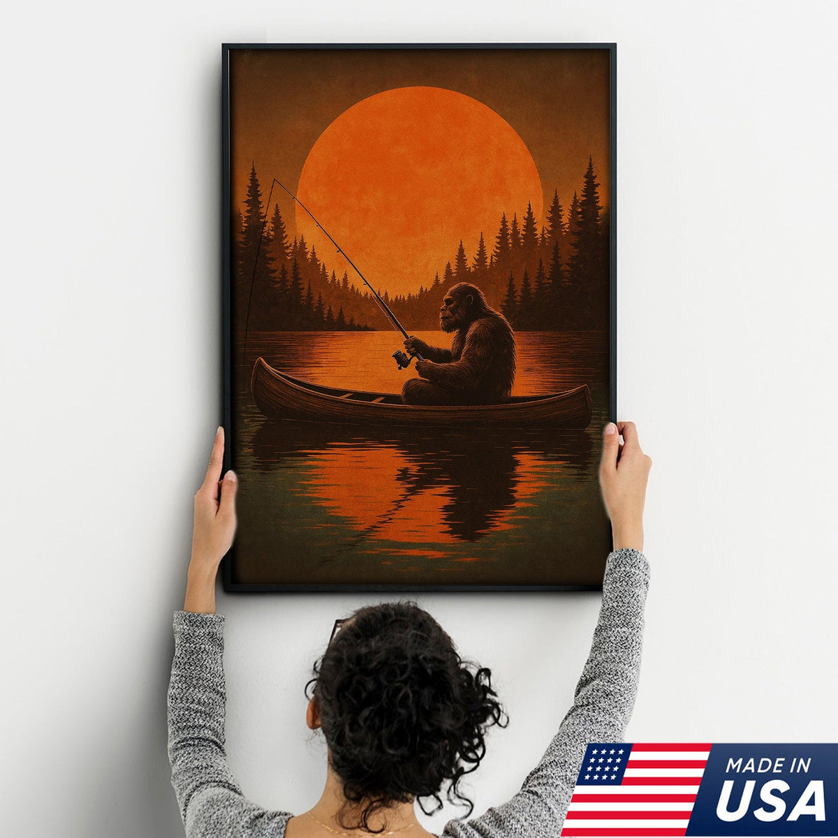 Funny Bigfoot Fishing Wall Art – Sasquatch Canoe Sunset Canvas for Anglers, Hunters