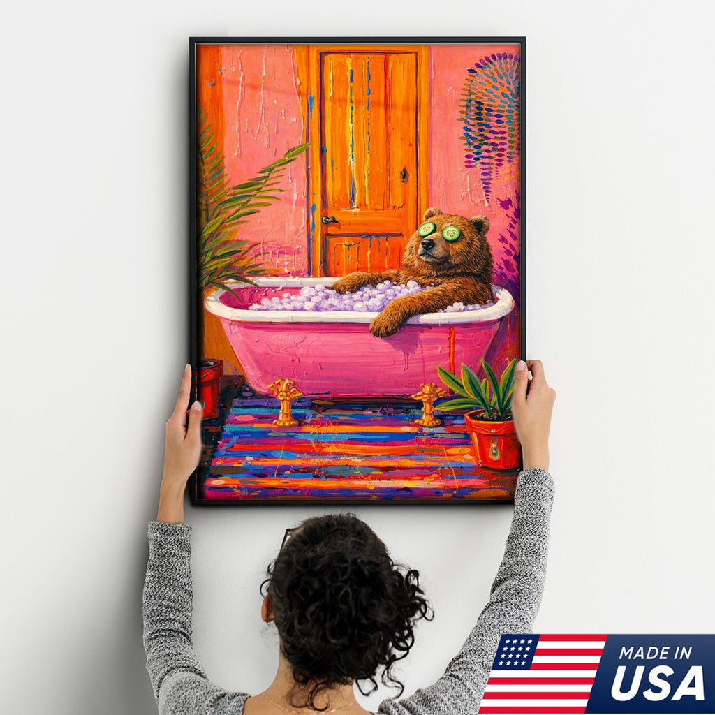 Funny Bear Bath Canvas Wall Art – Colorful Animal Bathroom Decor