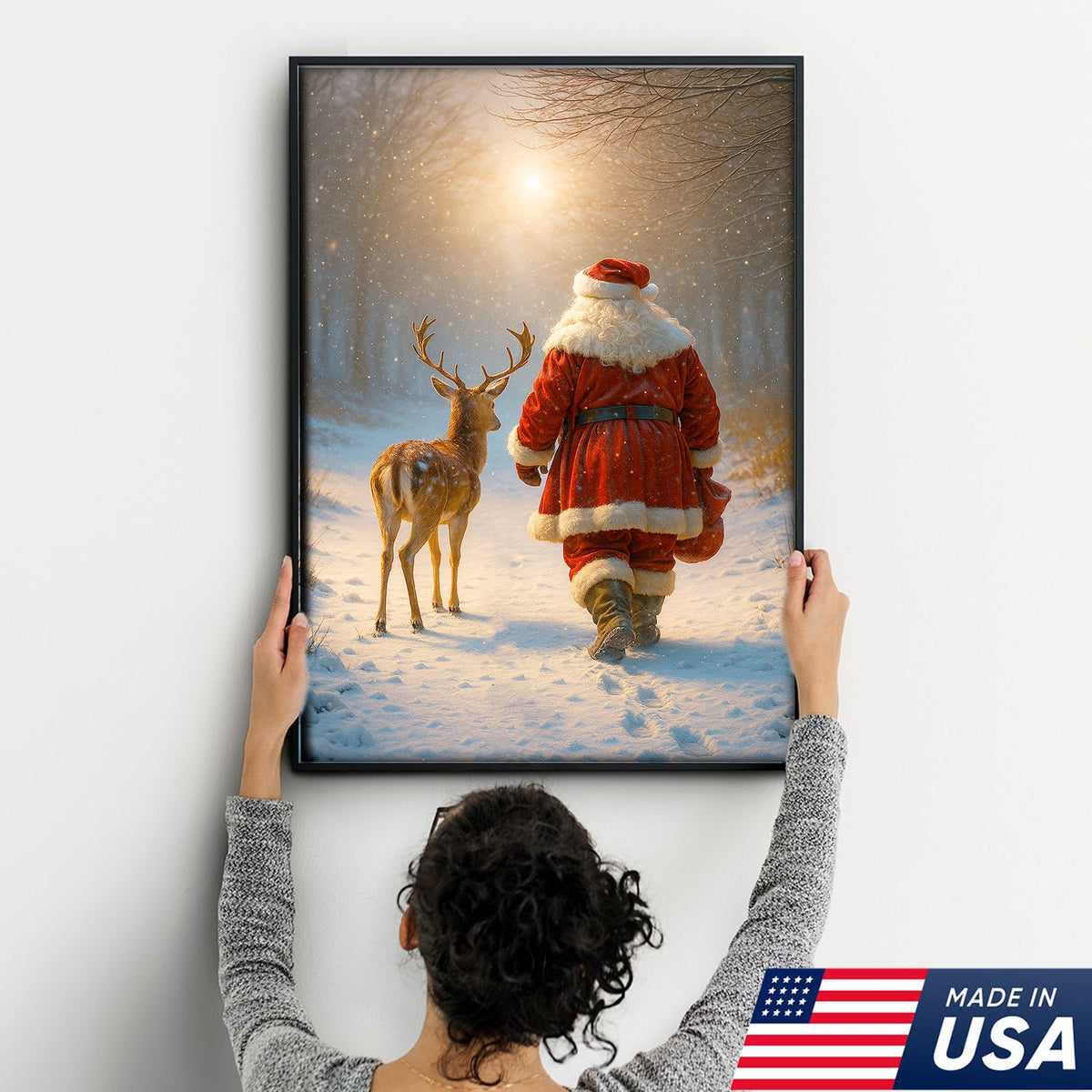Santa and Deer Christmas Canvas Wall Art – Cozy Winter Forest Decor, Holiday Gifts for Home Lovers