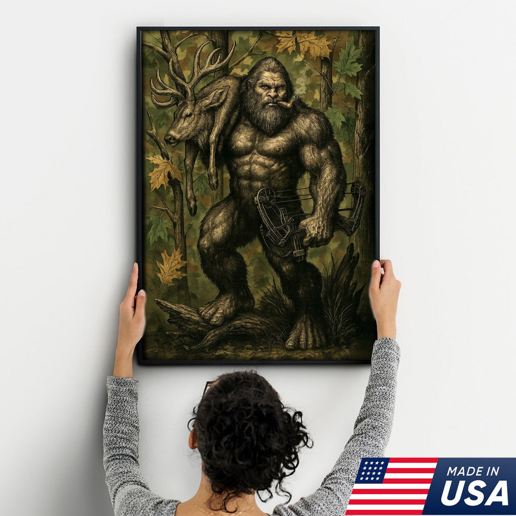 Bigfoot Hunter Canvas Wall Art, Mythical Sasquatch Bowhunting Deer Artwork