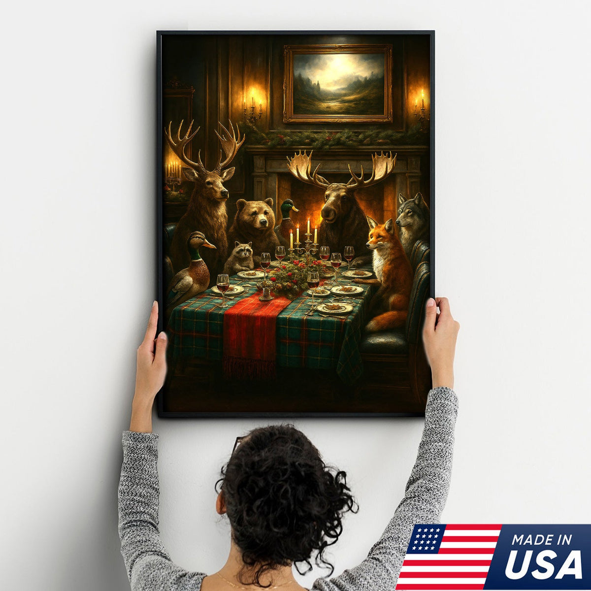 Rustic Wildlife Dinner Scene Wall Art Canvas – Forest Animal Gathering Decor