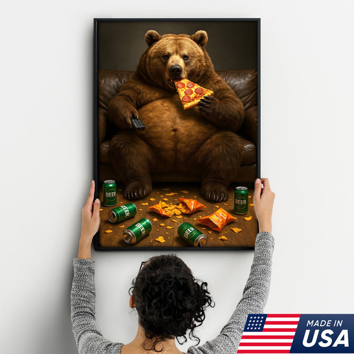 Funny Bear Eating Pizza Canvas Wall Art – Lazy Beer Lover Animal Canvas, Man Cave