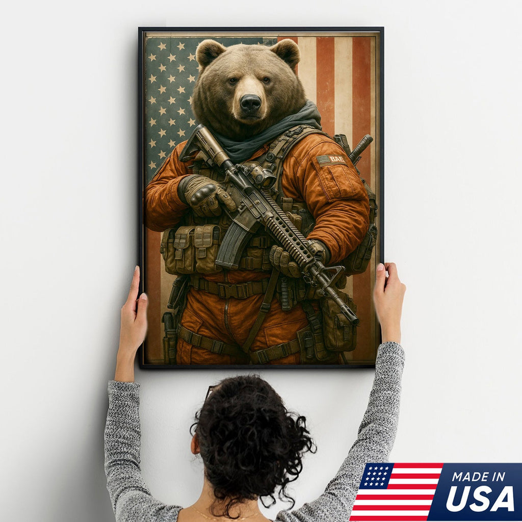 Patriotic Bear Soldier Wall Art Canvas, Tactical Military Animal with American Flag