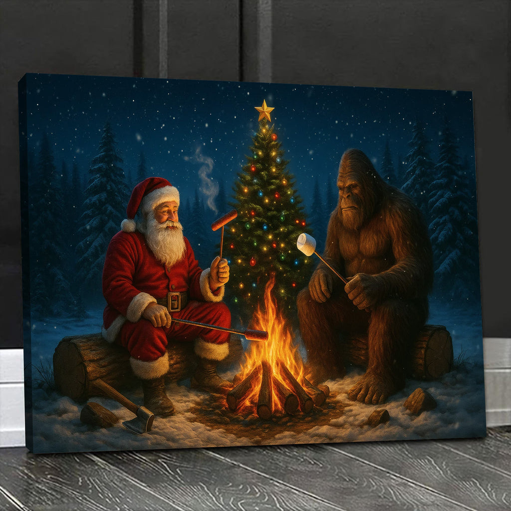 Santa & Bigfoot Sasquatch Campfire Christmas Canvas Wall Art, Funny Winter Forest Scene