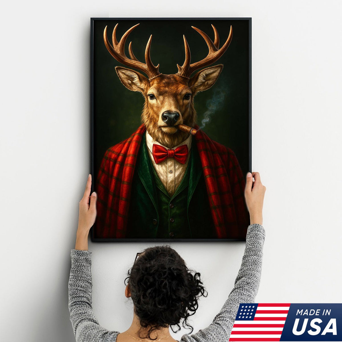 Smoking Deer Wall Art, Gentleman Buck Portrait, Rustic Cabin Decor, Funny Cigar Deer Print