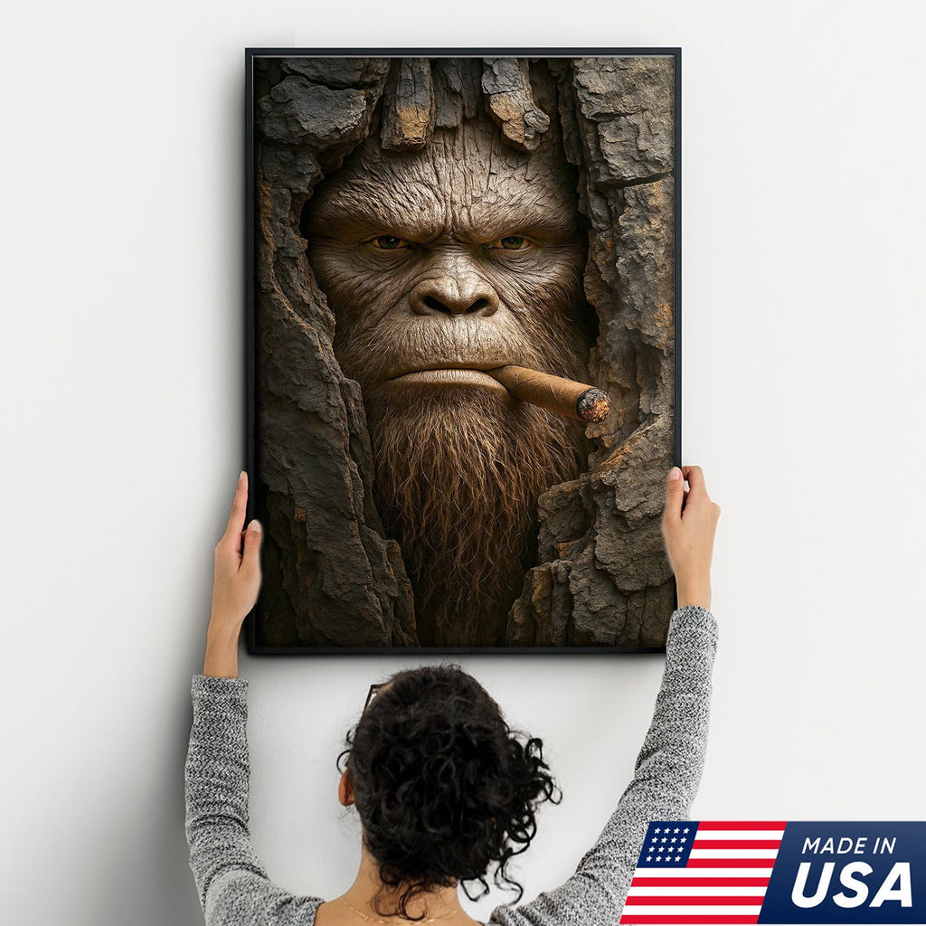 Bigfoot in the Woods Canvas Wall Art, Funny Sasquatch Portrait Artwork, Rustic Cabin Decor for Men