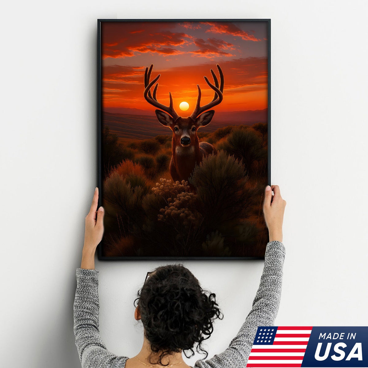 Deer Sunset Canvas Wall Art, Majestic Buck Silhouette in Orange Sky