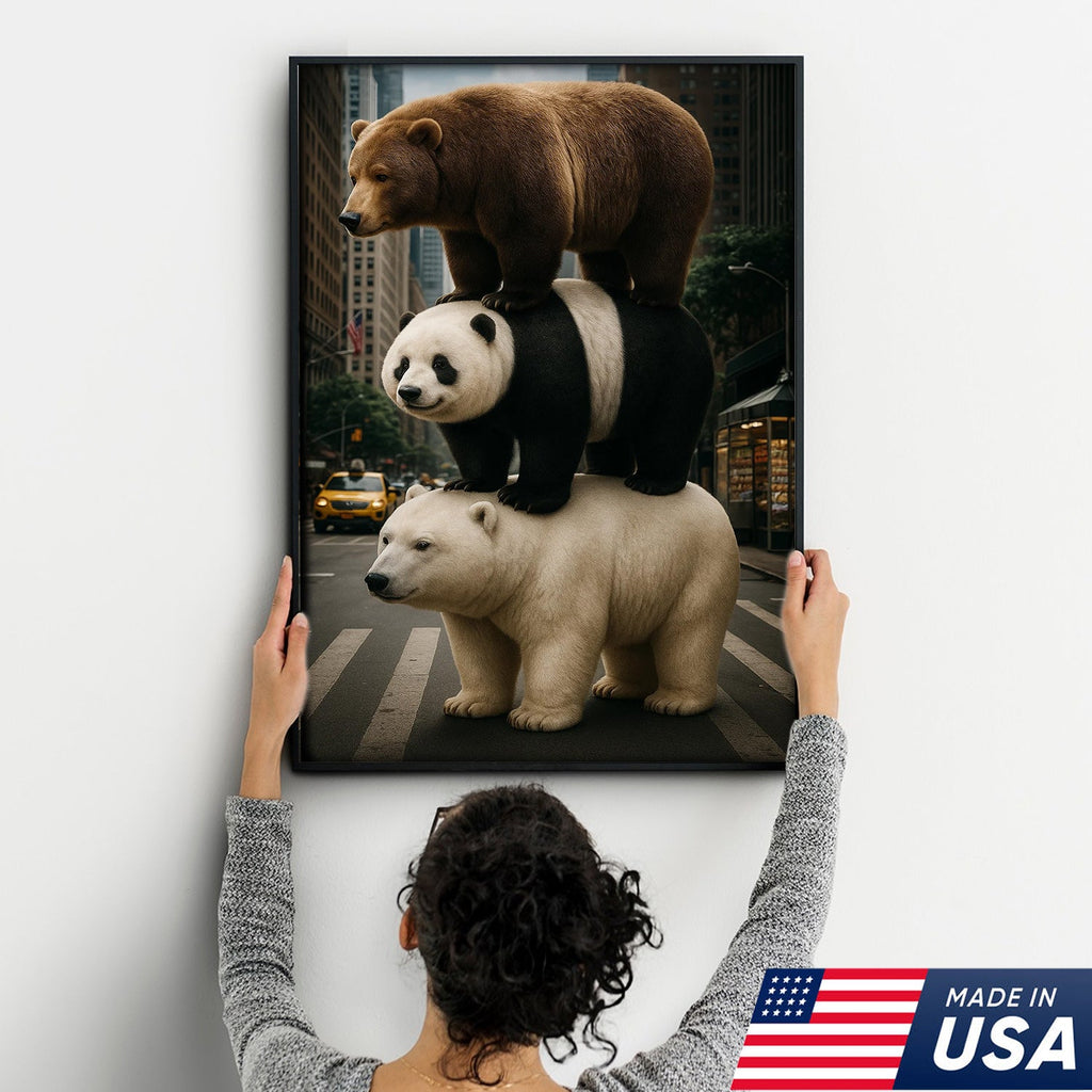 Bear Stack Canvas Wall Art, Cute Polar Panda Brown Bear in City Street Print