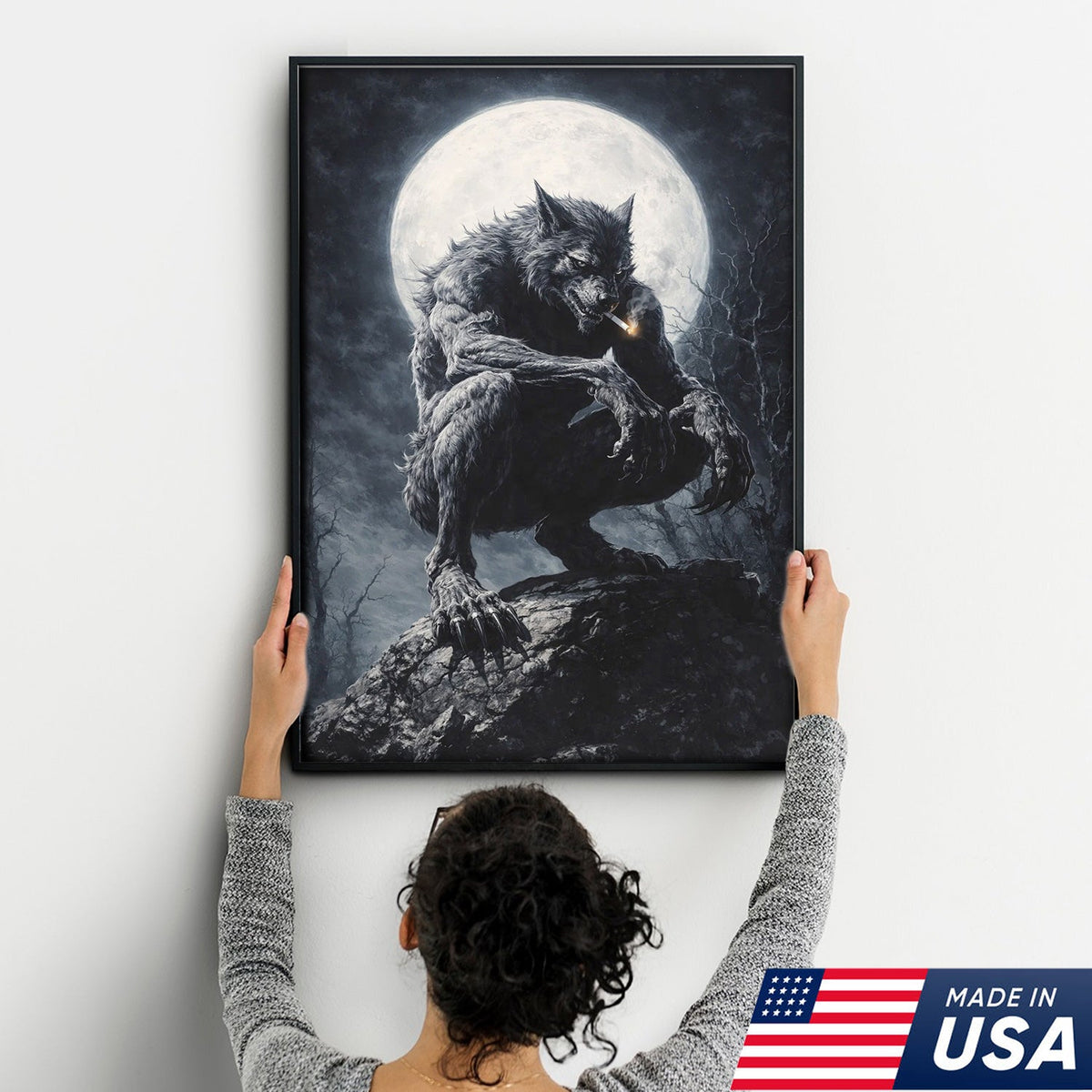 Dark Werewolf Moon Canvas Wall Art, Gothic Fantasy Wolf Illustration