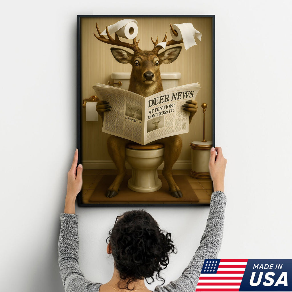 Funny Deer Bathroom Canvas – “Deer News” Toilet Wall Art for Hunters, Cabin, or Man Cave Decor