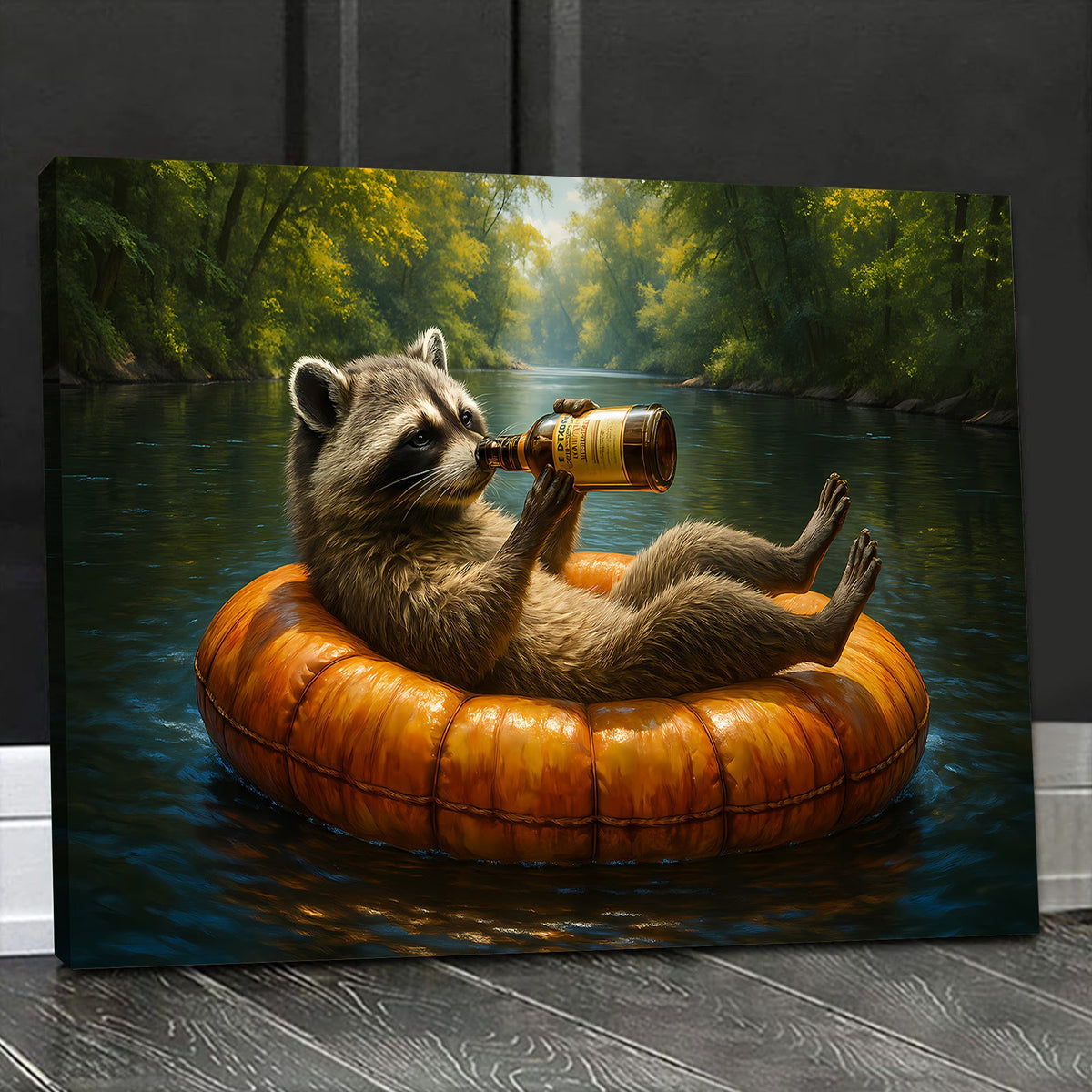 Funny Drunk Raccoon Canvas Wall Art – Chill Gift for Men, Husband, or Hunter, Rustic Cabin Decor