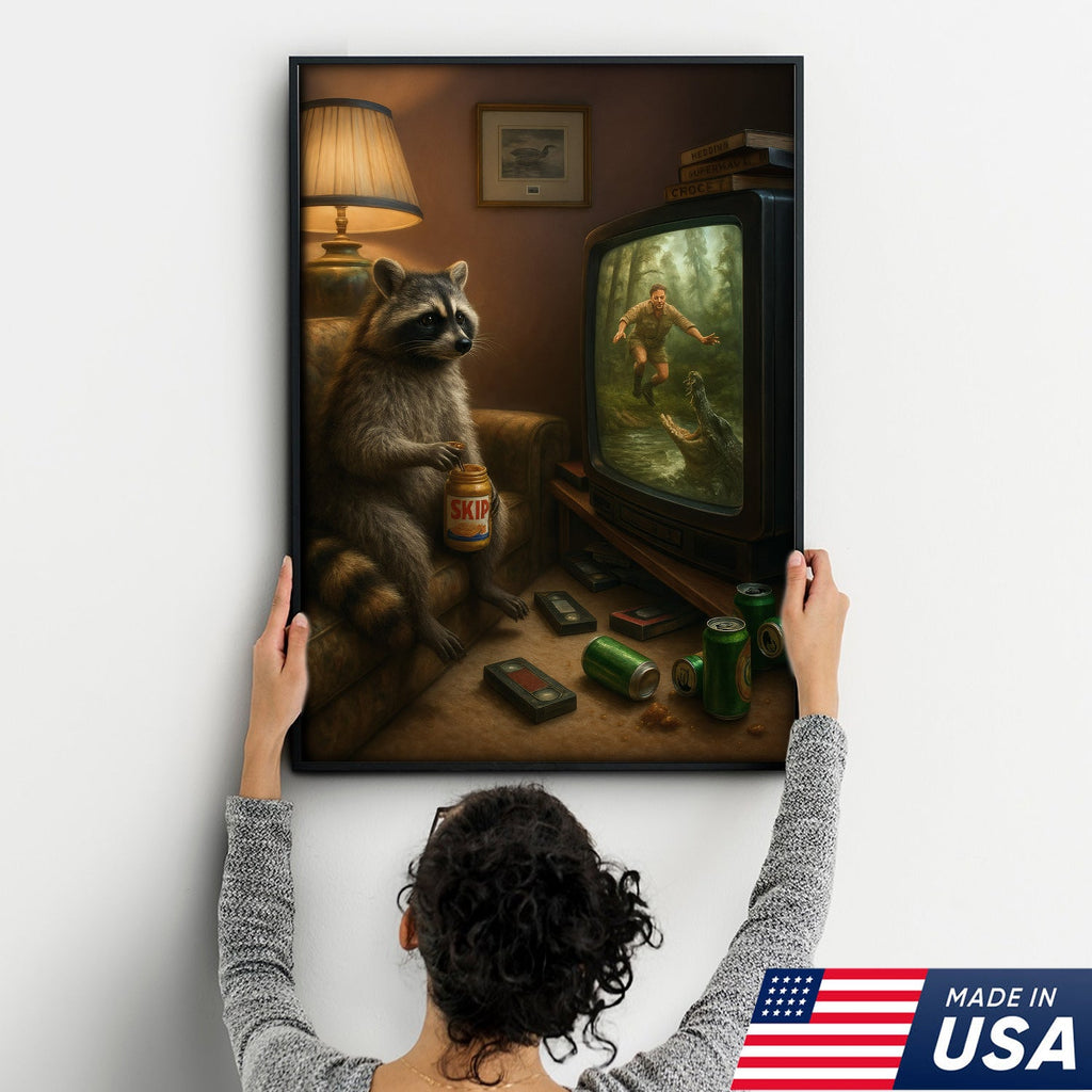 Funny Raccoon Watching TV Wall Art – Lazy Animal Painting, Wildlife Humor Canvas