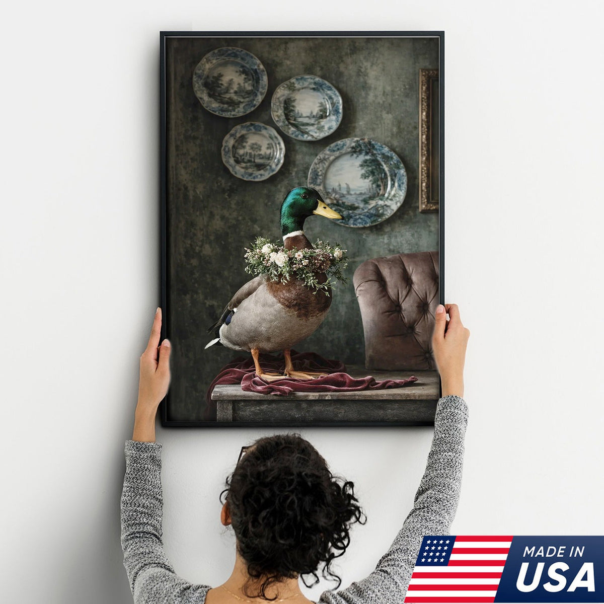 Vintage Duck Portrait Canvas Wall Art, Elegant Mallard with Floral Collar