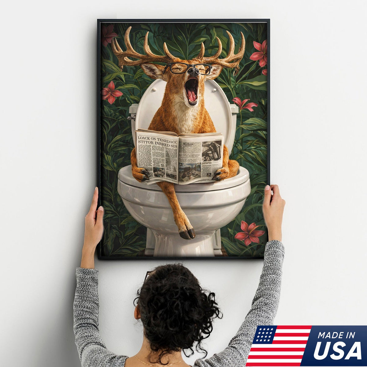 Funny Deer Toilet Canvas Wall Art – Humorous Animal Bathroom Decor with Newspaper