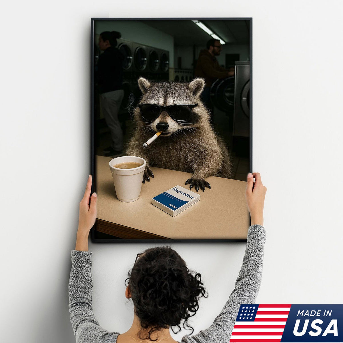 Cool Raccoon Laundromat Canvas Wall Art, Funny Coffee Drinking Raccoon Print
