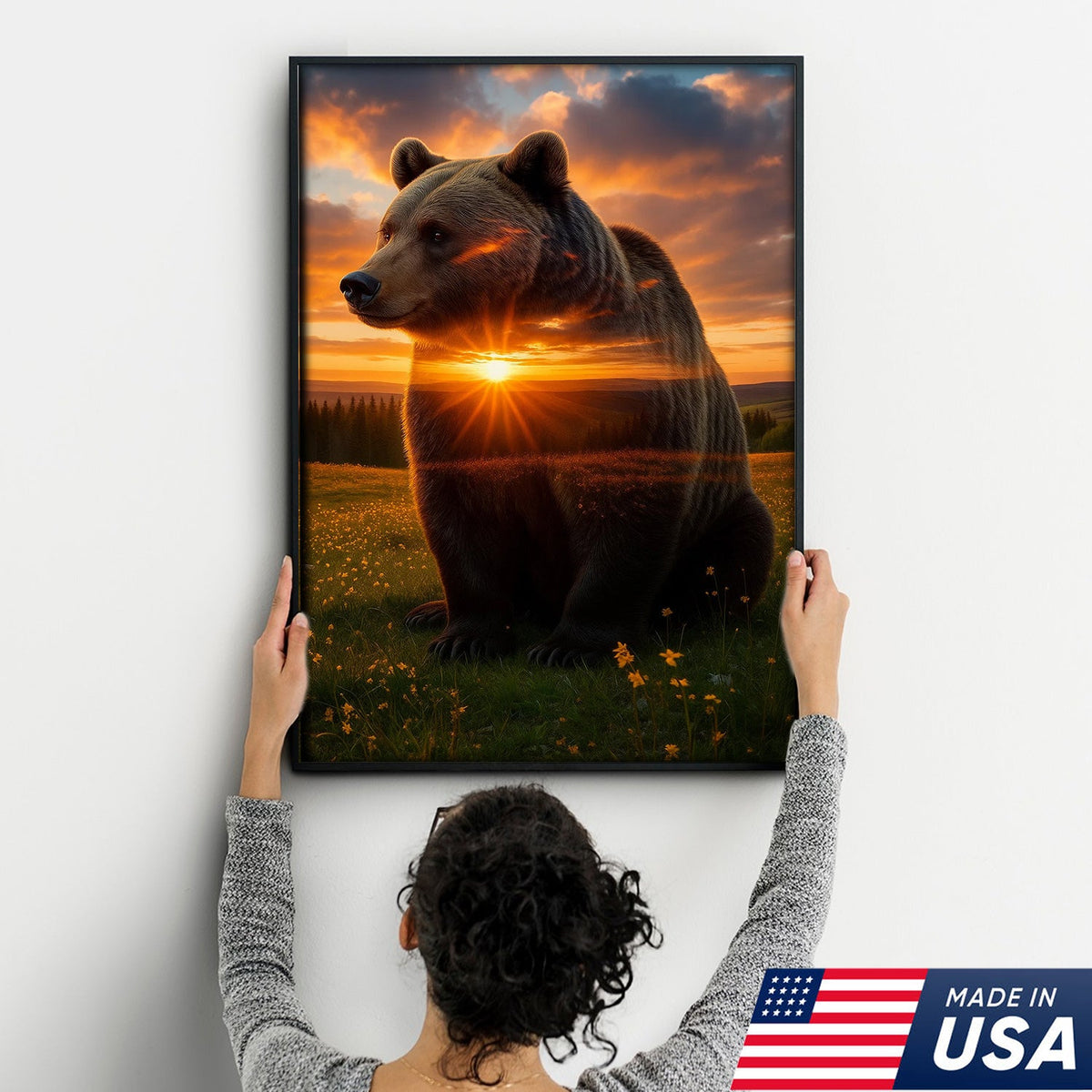 Sunset Bear Canvas Wall Art, Majestic Brown Bear Nature Landscape Print