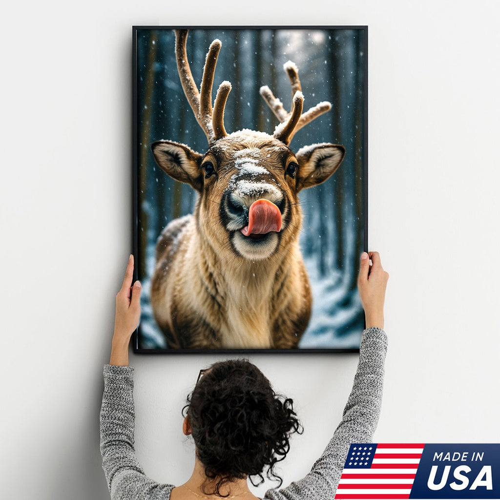 Winter Reindeer Portrait Canvas – Rustic Forest Wall Art for Cabin & Lodge Decor
