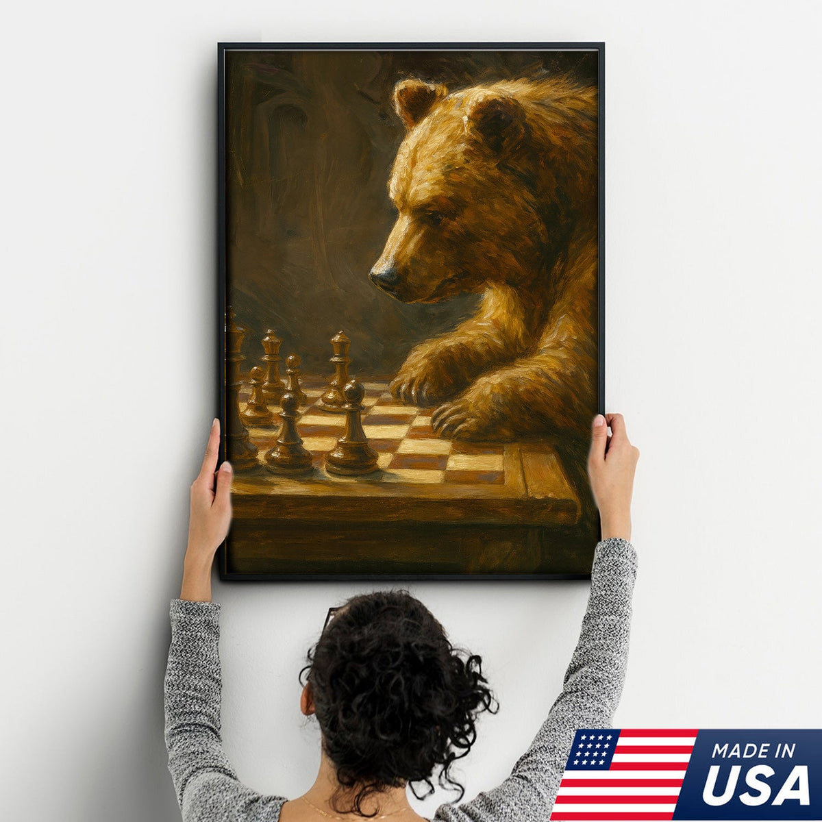 Rustic Bear Playing Chess Canvas Wall Art for Hunting Cabin or Lodge Decor, Wildlife Gift Idea