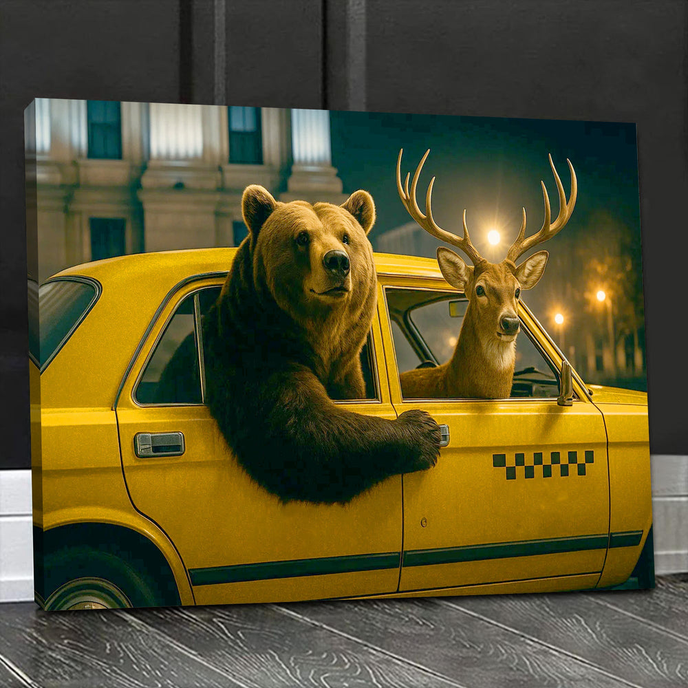 Bear & Deer Riding Yellow Taxi Canvas Wall Art, Funny Wildlife Driving Picture for Game Room & Cabin