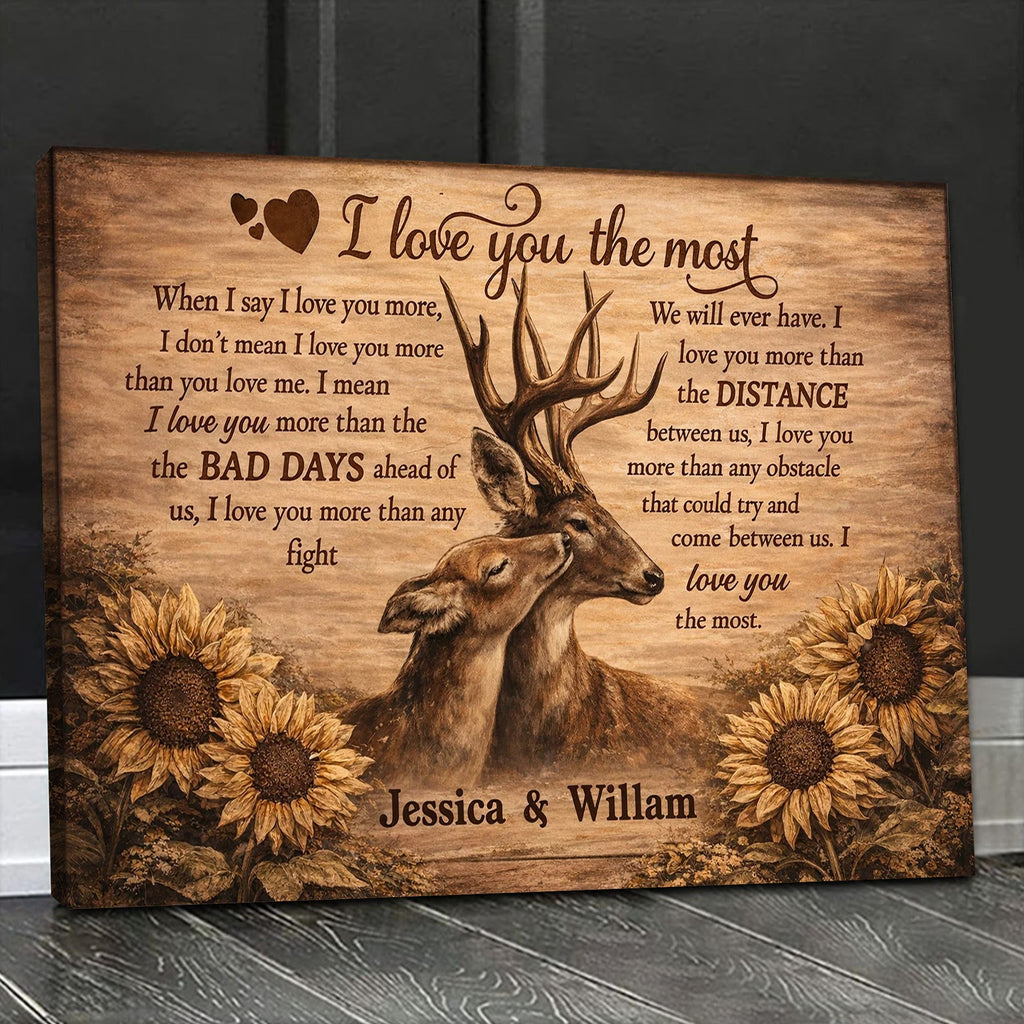 Personalized I Love You the Most Deer Canvas Wall Art, Custom Couple Love Quote Artwork