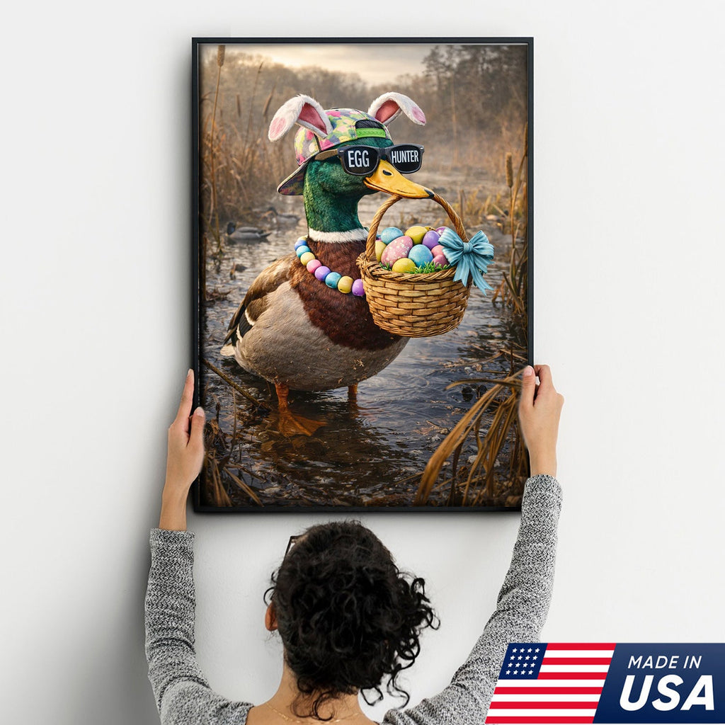 Funny Easter Duck Canvas Wall Art, Egg Hunter Mallard with Basket Portrait