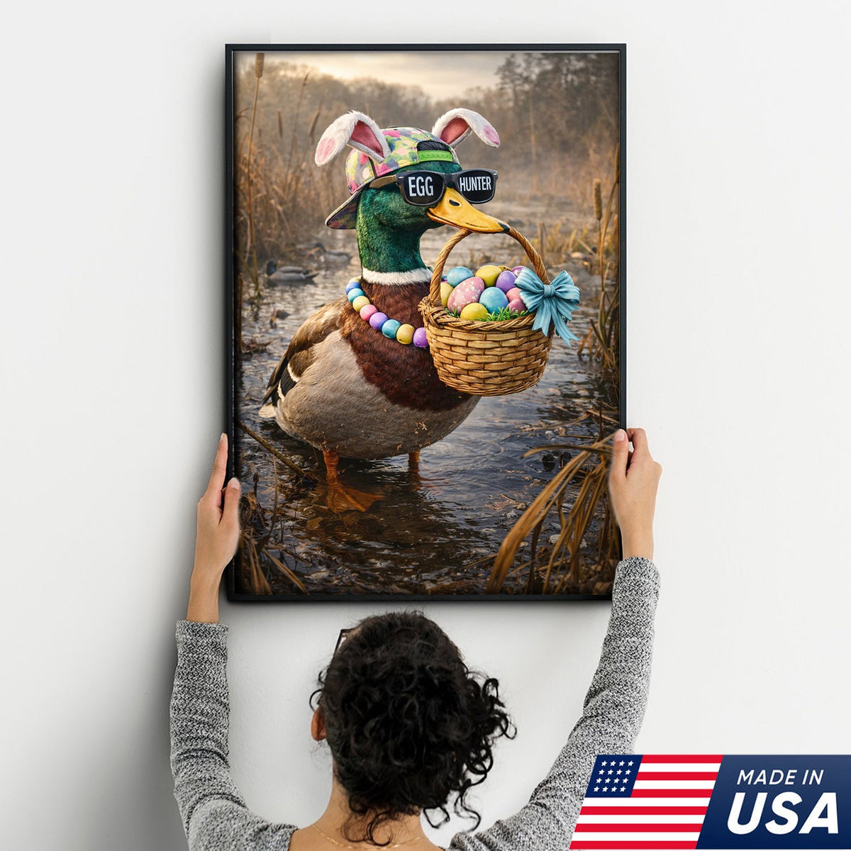 Funny Easter Duck Canvas Wall Art, Egg Hunter Mallard with Basket Portrait
