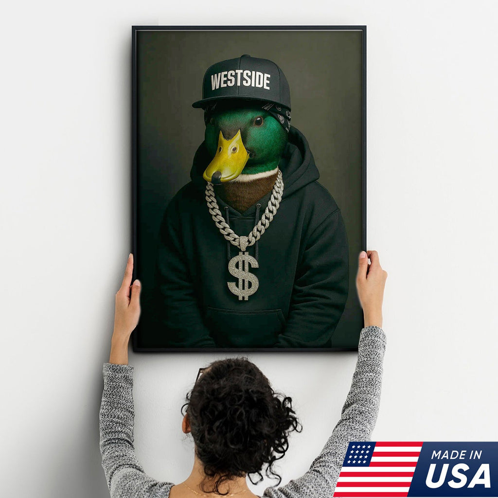Gangster Duck Canvas Wall Art – Funny Animal Portrait, Hip Hop Duck Decor