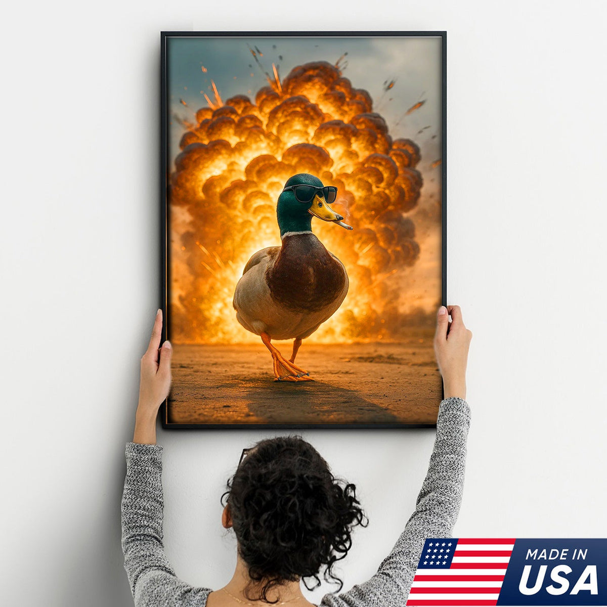 Cool Duck Walking from Explosion Canvas Wall Art, Funny Action Movie Style Decor for Man Cave