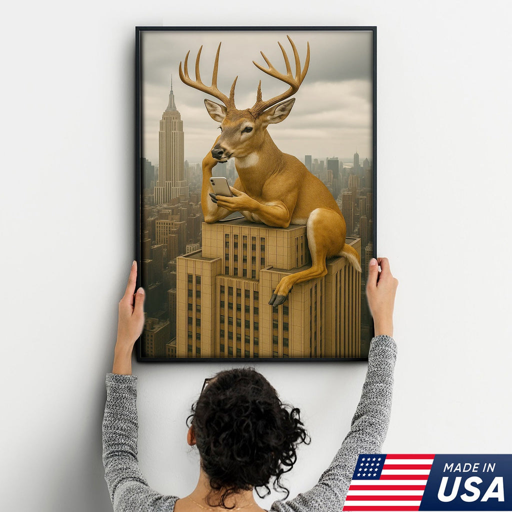 Funny Deer City Canvas Wall Art — Whitetail Buck on Skyscraper Using Phone, Surreal Urban Wildlife Artwork