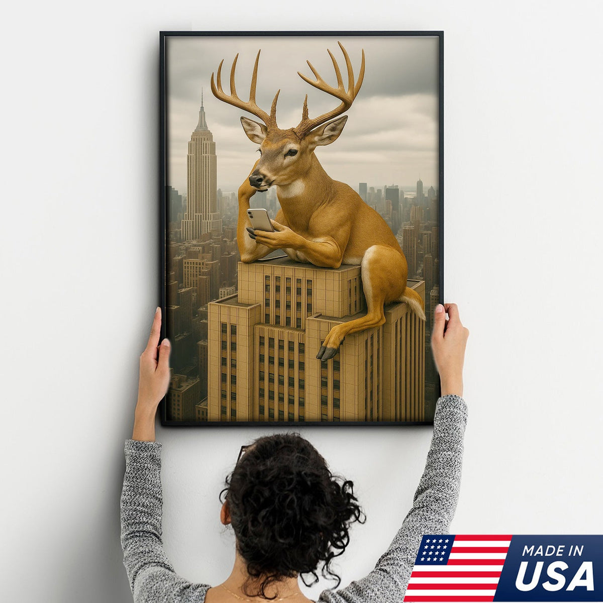 Funny Deer City Canvas Wall Art — Whitetail Buck on Skyscraper Using Phone, Surreal Urban Wildlife Artwork