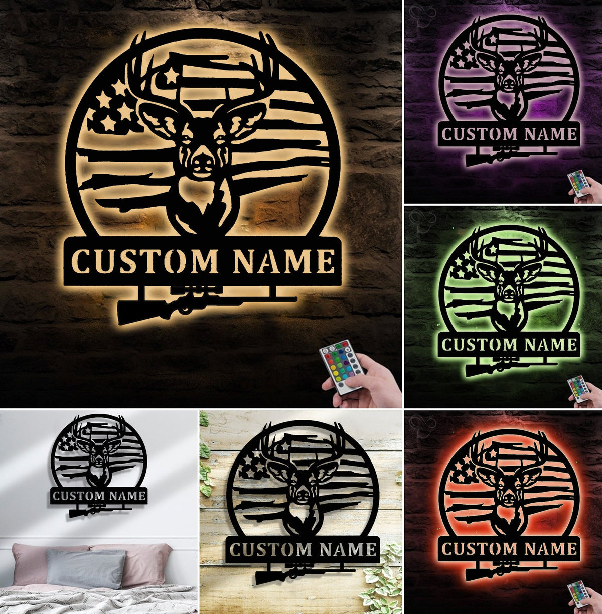 Personalized Deer Hunting Metal Sign WITH LED/WITHOUT LED, Rustic Buck Wall Art with American Flag