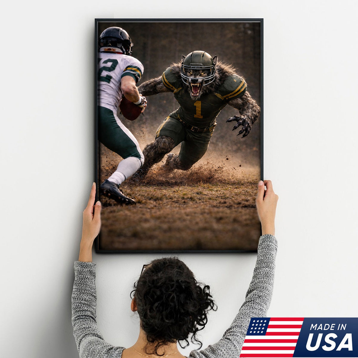 Fierce Wolf Football Canvas Wall Art – Intense Stadium Tackle Sports Print
