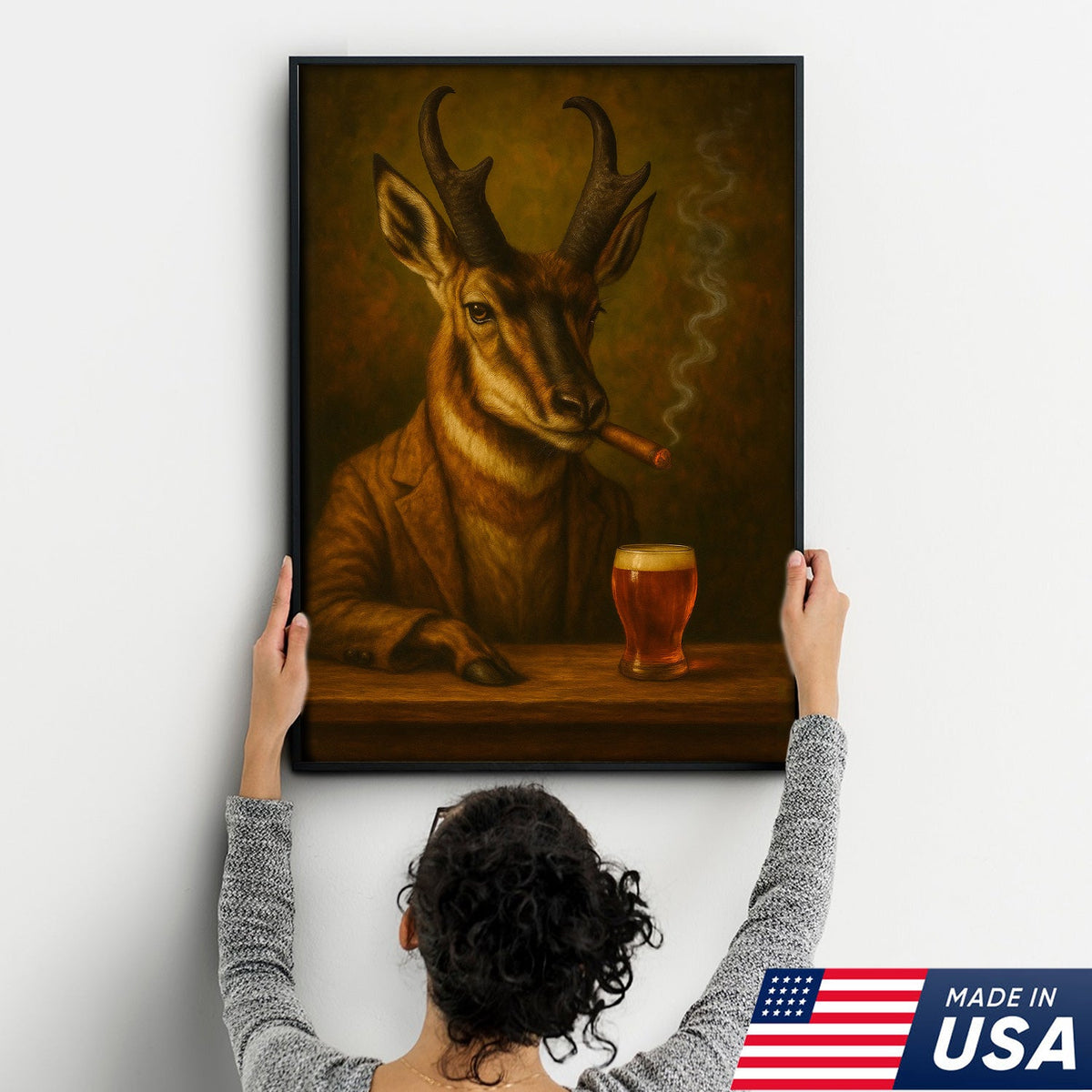 Funny Antelope Smoking & Beer Glass Canvas Wall Art - Hunting Perfect Gift for Hunters