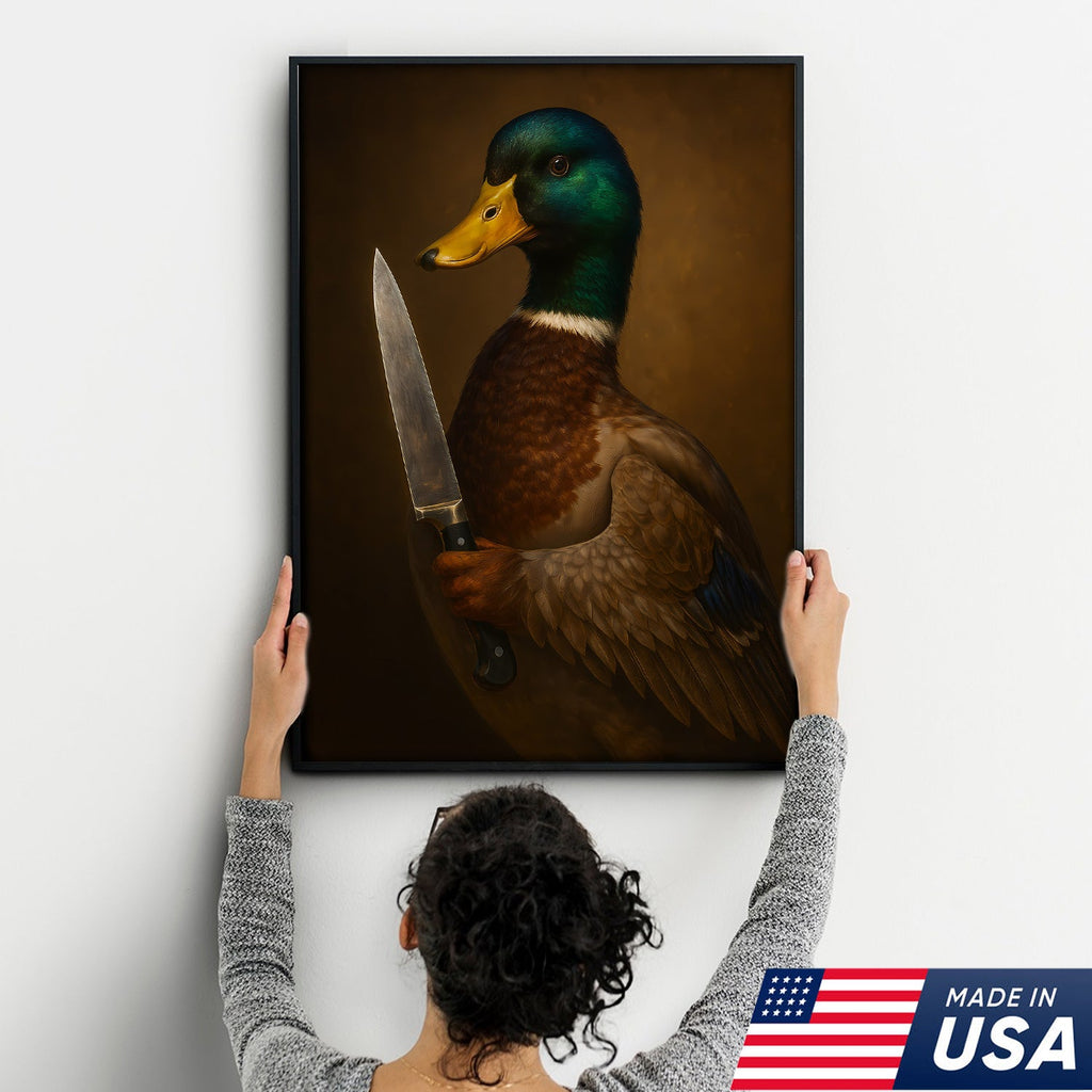 Funny Duck With Knife Wall Art – Mallard Portrait Painting, Dark Humor Animal Canvas