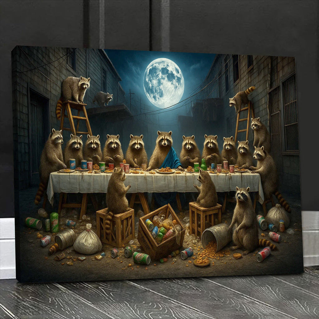 Raccoon Last Supper Canvas Art – Funny Moonlit Trash Raccoon Feast