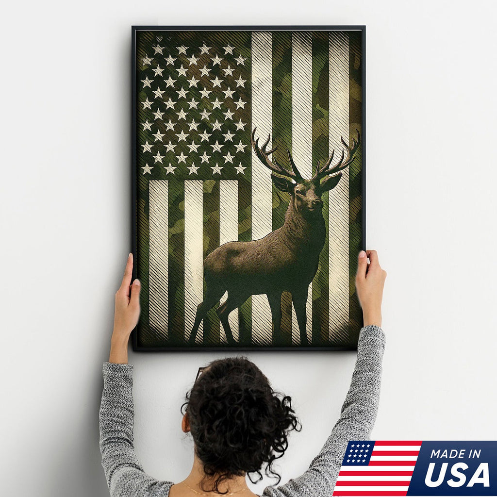 Patriotic Deer American Flag Canvas Wall Art, Camo USA Flag Buck Print
