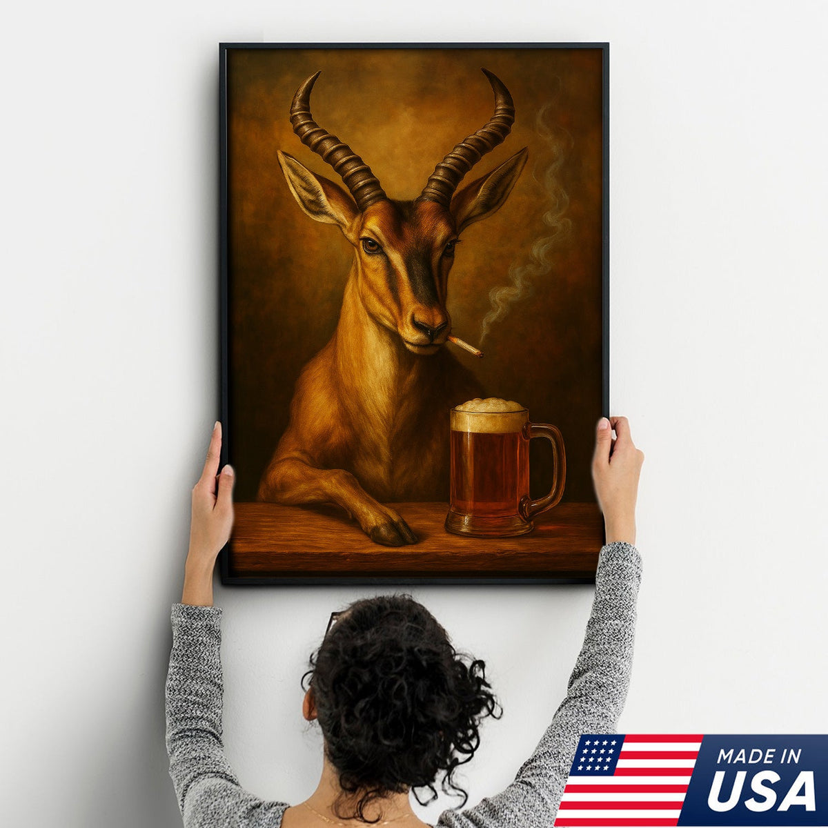 Funny Antelope Smoking & Beer Canvas Wall Art - Hunting Perfect Gift for Hunters
