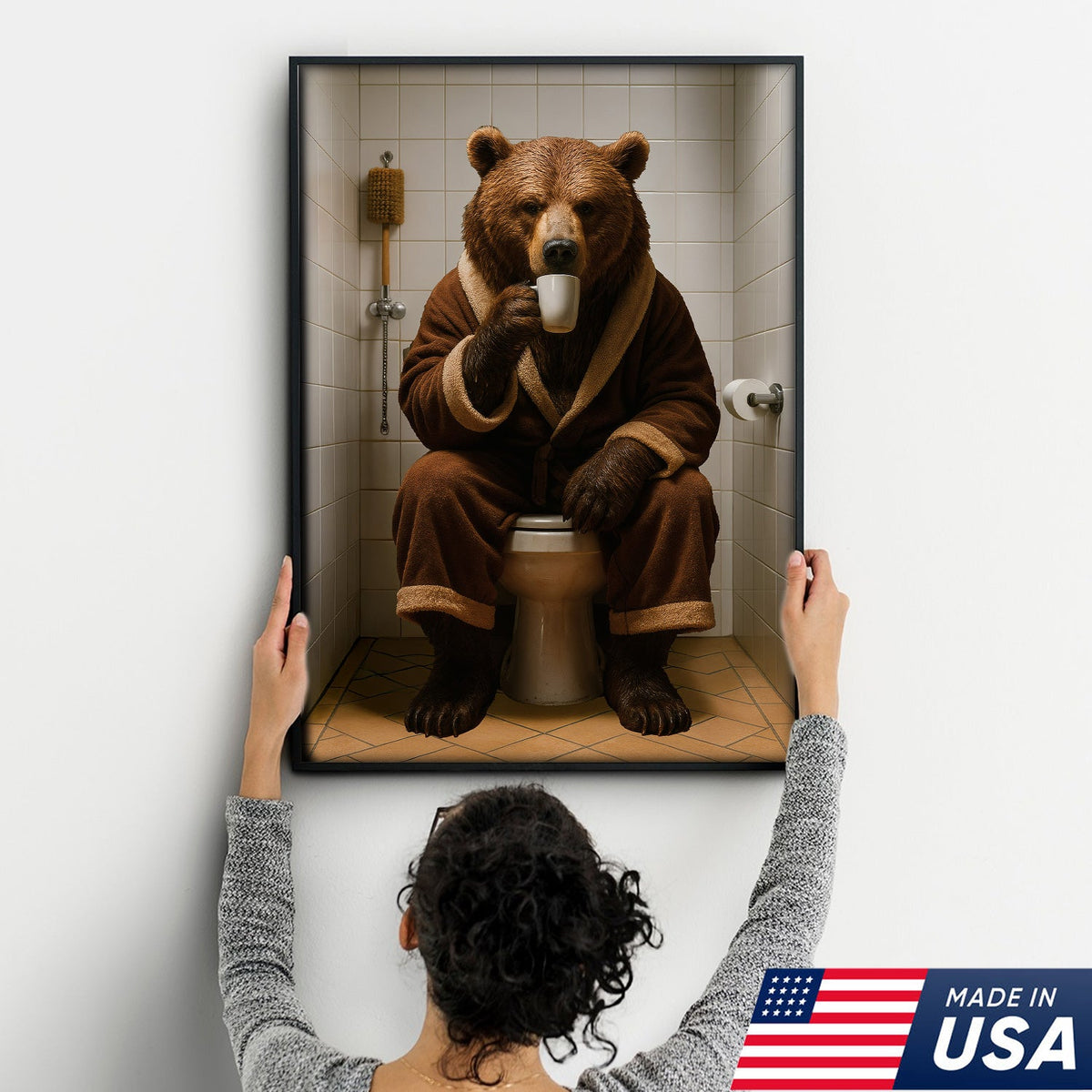 Hilarious Bear Toilet Canvas Wall Art – Morning Coffee, Quirky Bathroom Humor