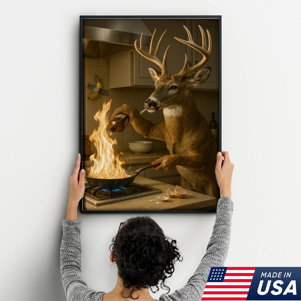 Funny Deer Cooking Canvas, Hilarious Buck Chef Wall Art, Rustic Humor Decor for Cabin