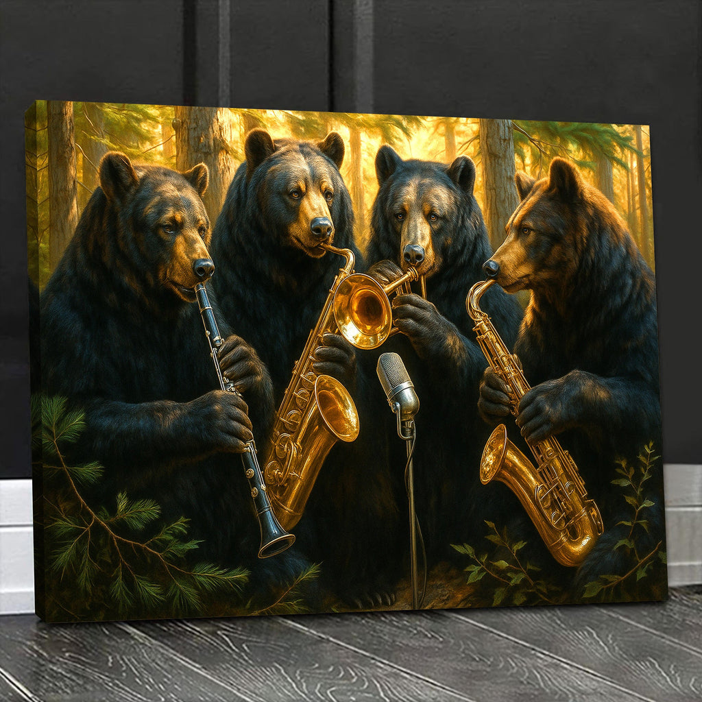 Funny Bear Band Canvas – Rustic Cabin Wall Art Gift for Hunters, Musicians & Nature Lovers