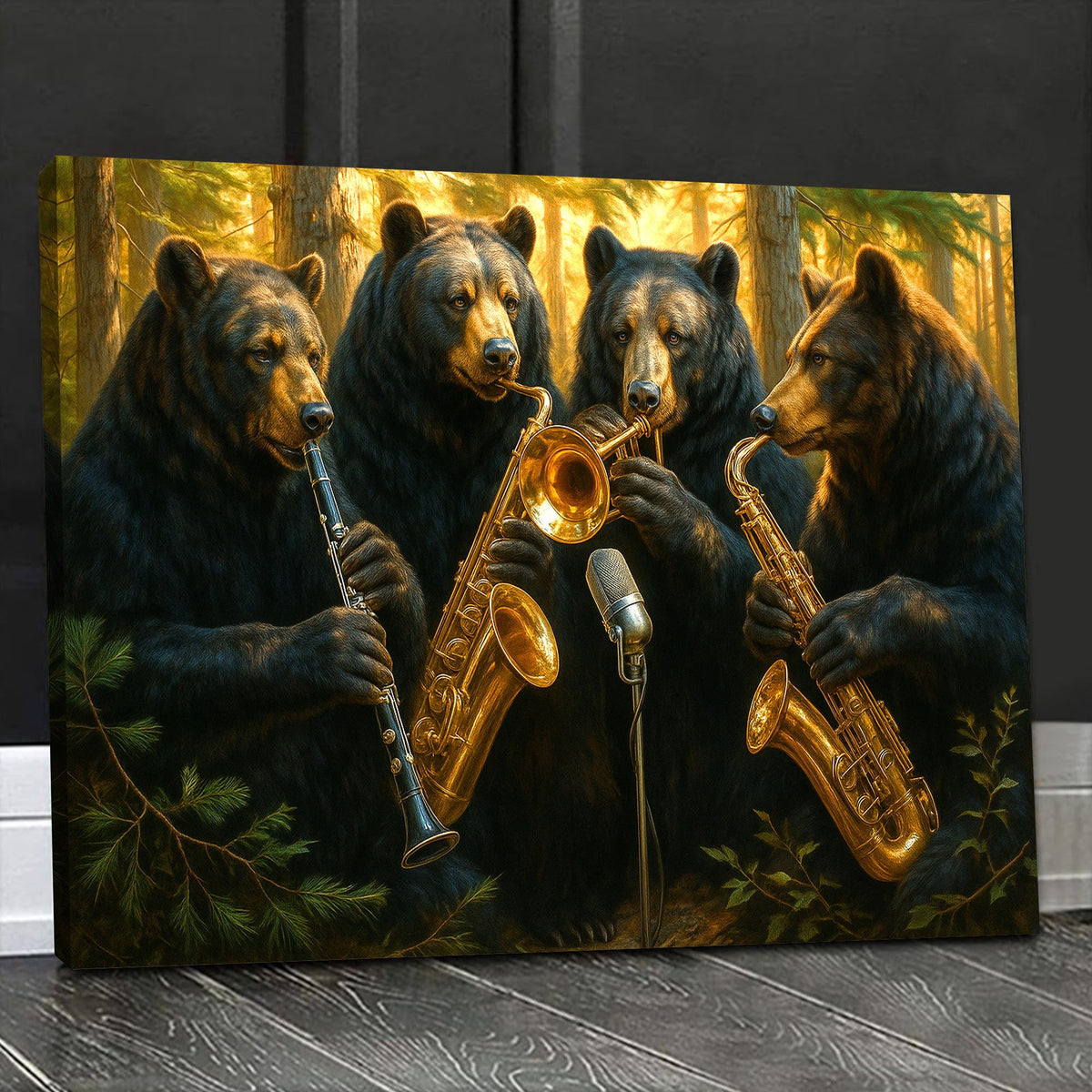 Funny Bear Band Canvas – Rustic Cabin Wall Art Gift for Hunters, Musicians & Nature Lovers