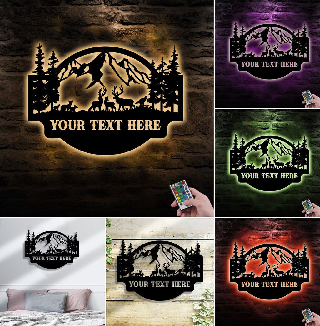 Personalized Deer Metal Sign WITH LED/WITHOUT LED - Mountain Cabin Name Sign
