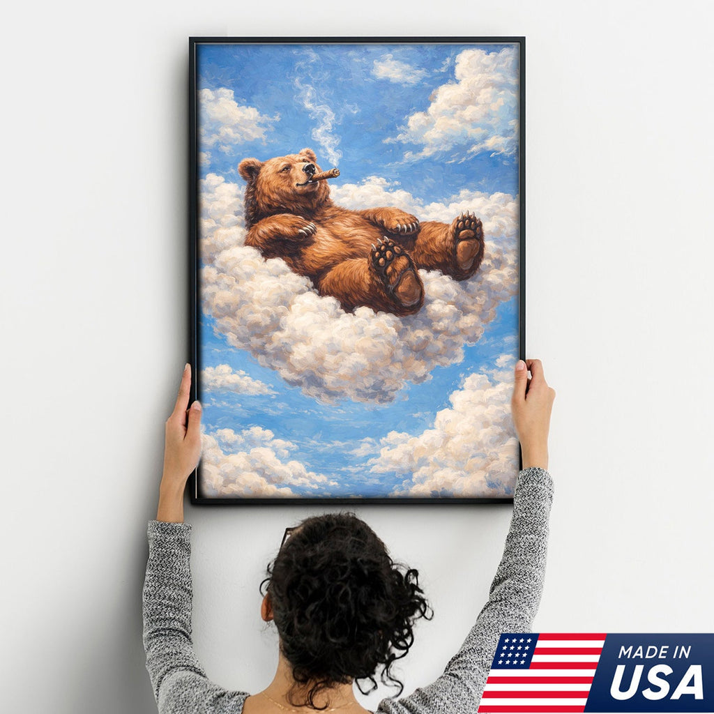 Relaxed Bear on Cloud Canvas Wall Art, Whimsical Animal Fantasy Illustration